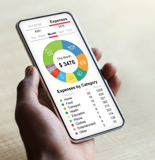 Individual checking family monthly expenses by categories on his smartphone